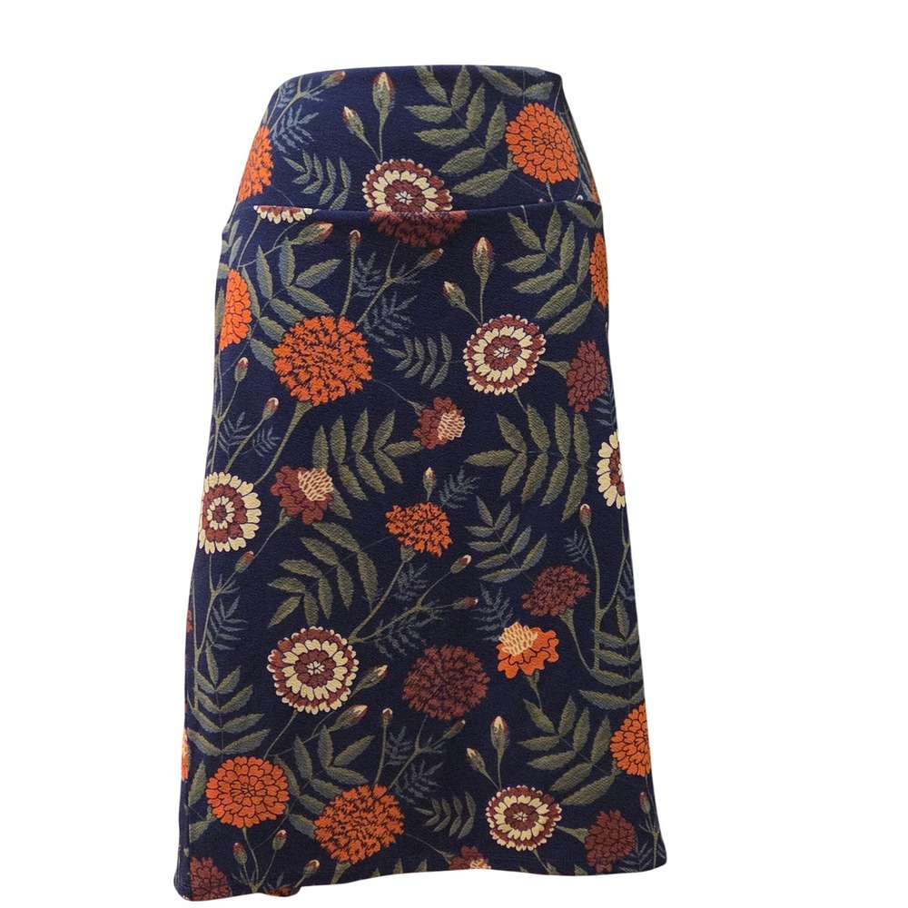 LuLaRoe Cassie Pencil Skirt XL Navy Blue Orange Marigold Floral Textured Stretch